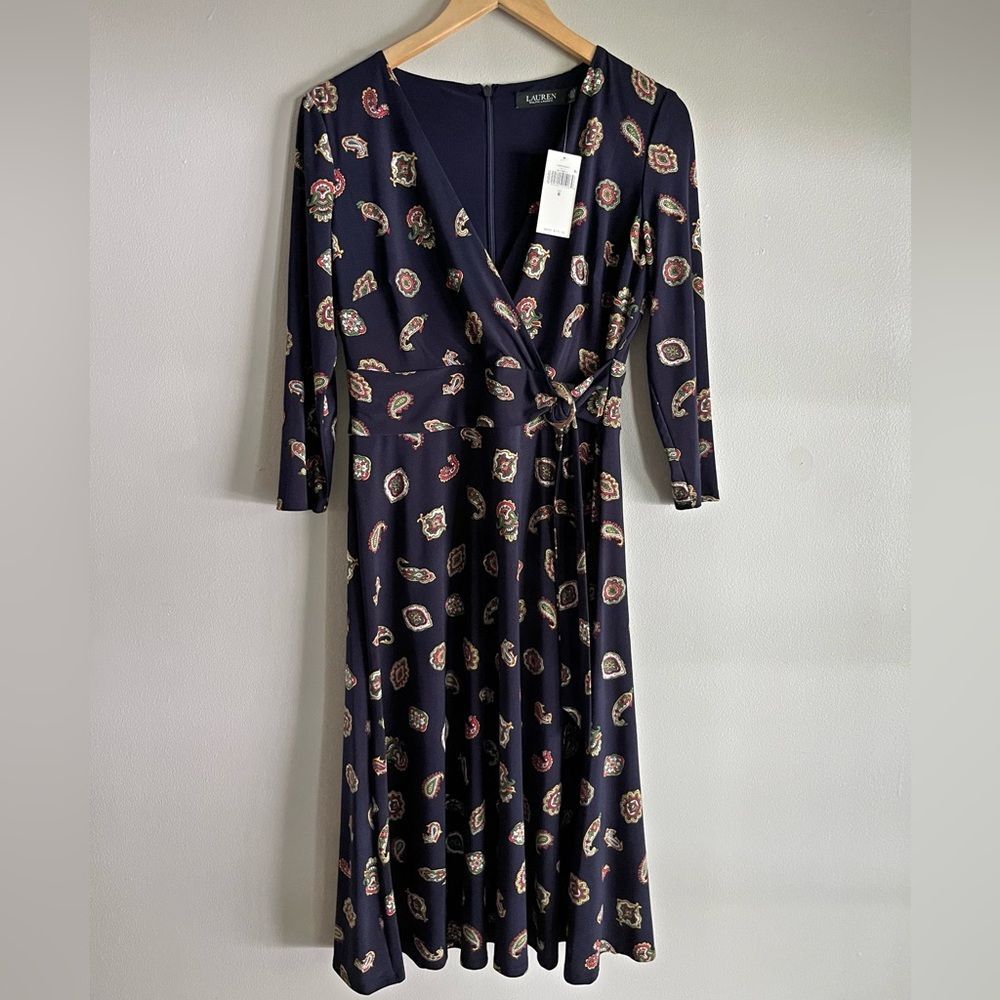 Lauren Ralph Lauren Navy Paisley Midi Dress Size 6 NWT Faux Wrap Stretch Knit - Picture 3 of 11